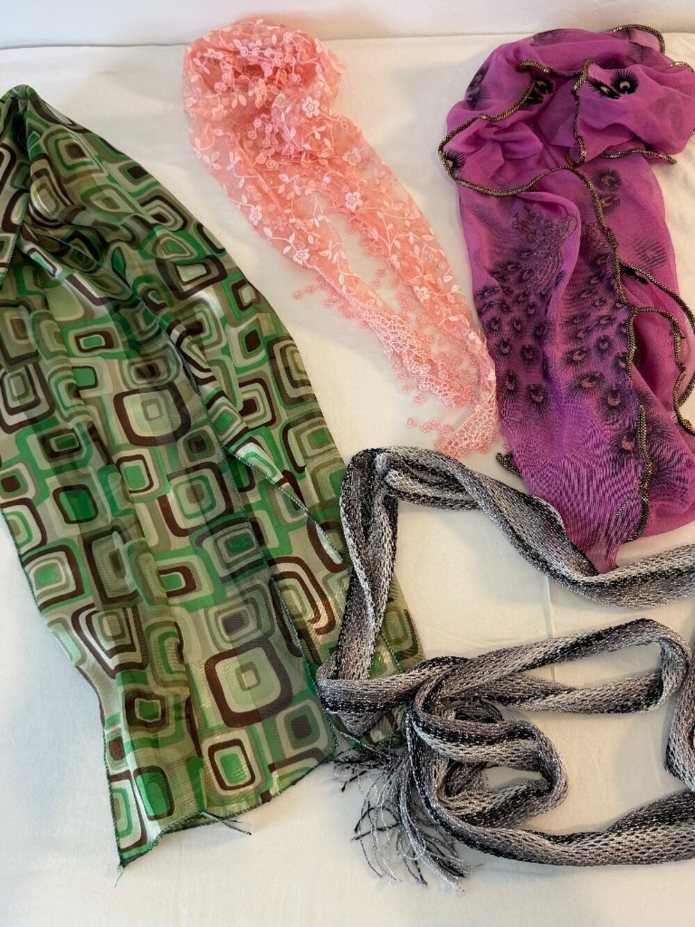 Lot of 4 Women's Fashion Scarves Sheer Lace Metallic Floral Assorted Colors